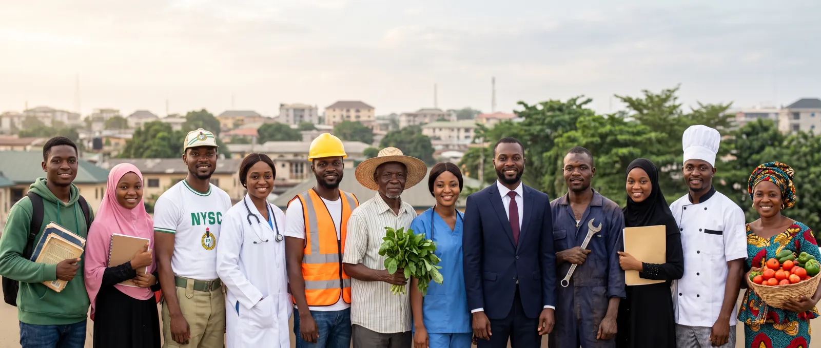 A student, an NYSC member, a doctor, an engineer, a farmer, a nurse, a professional, a mechanic, a chef and a market trader standing together